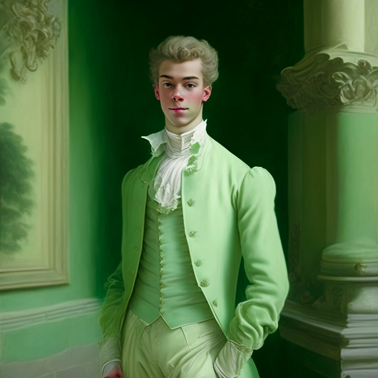 A young man dressed in pastel green fine clothes of the 18th century, he looks gently with a slight smile, hi is in a castle, full body 