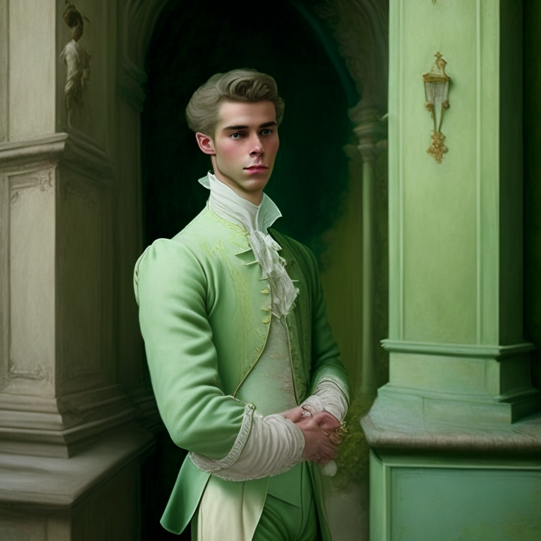 A young man dressed in pastel green fine clothes of the 18th century, he looks gently with a slight smile, hi is in a castle, full body 