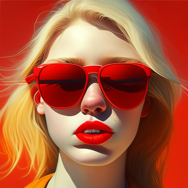 Una boca roja con un chupetin de una chica rubia con lentes de sol;