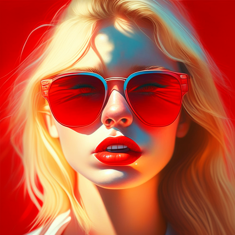 Una boca cerrada roja de una chica rubia con lentes de sol; colores uqe resalten a un efecto uv