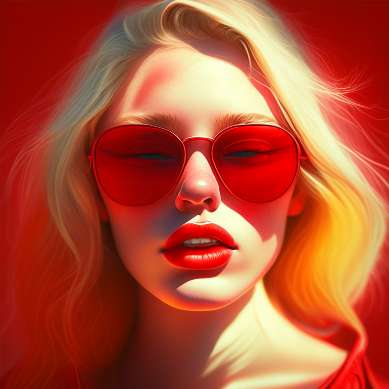 Una boca cerrada roja de una chica rubia con lentes de sol; efecto uv