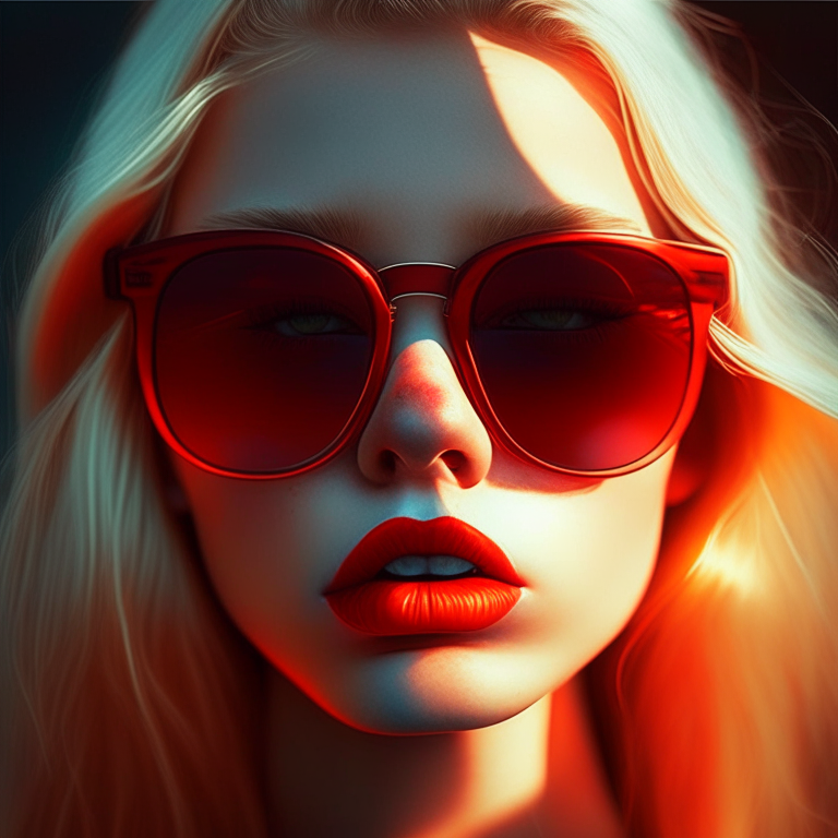 Una boca cerrada roja de una chica rubia con lentes de sol negros; efecto uv