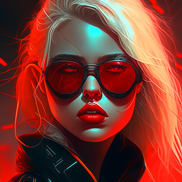 Una boca cerrada roja de una chica rubia con lentes de sol negros; cyberpunk estilo futurista