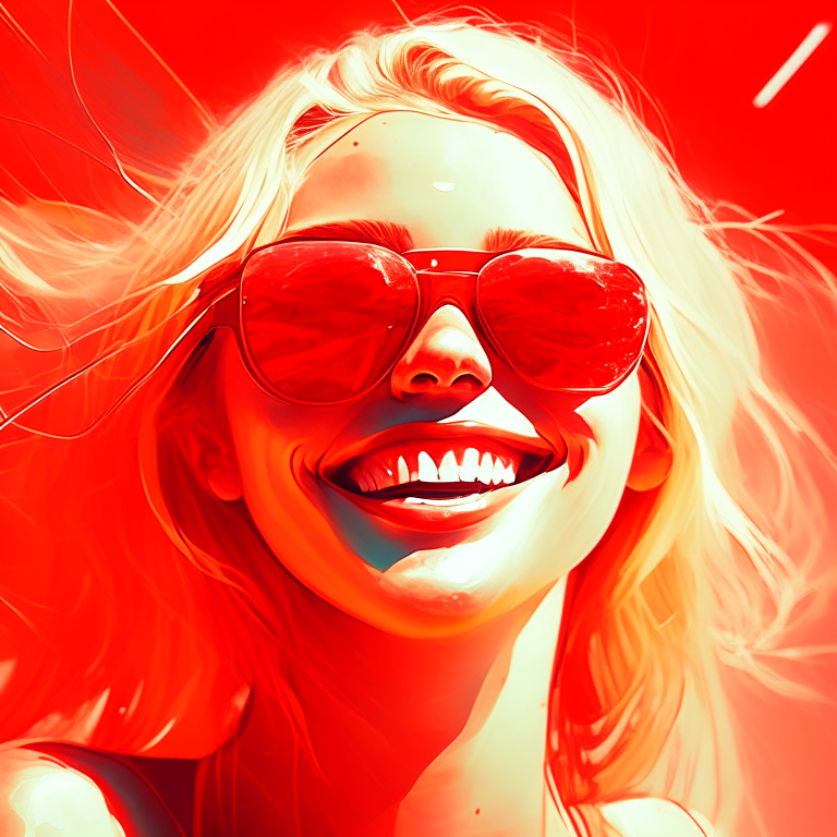 An smiling red libs of a blondie girl using sunglasses; digital art; futuristic enviroment