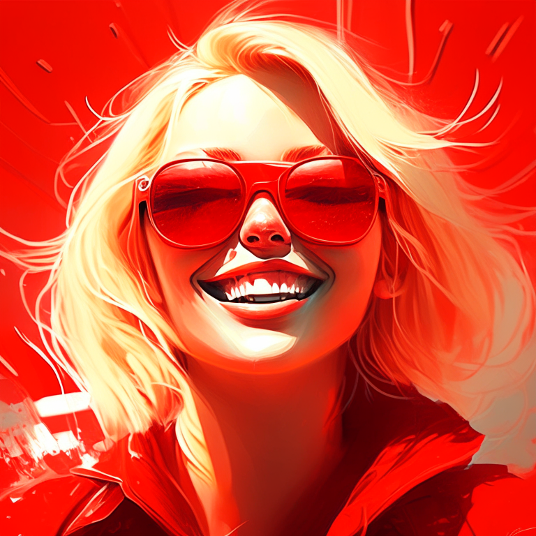 An smiling red libs of a blondie girl using sunglasses; digital art; futuristic enviroment