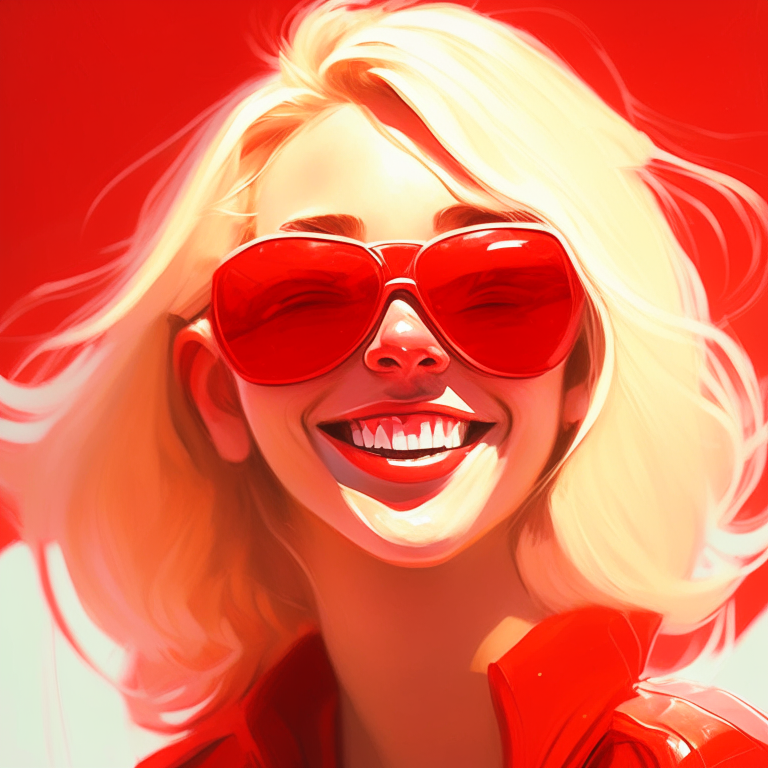 An smiling red libs of a blondie girl using sunglasses;  futuristic 