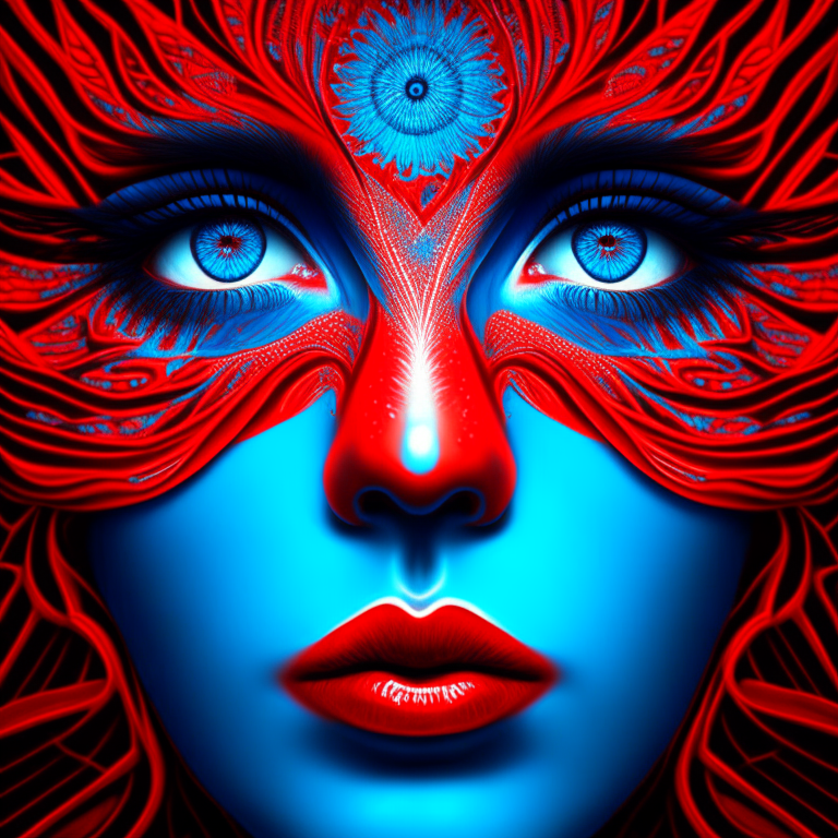 a dreaming woman's face with a red libs. azure, organism, iris, eyelash, art, electric red, symmetry, pattern, circle, visual arts, dreaming