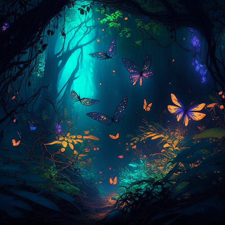 A mystic forest with glowing plants and butterflies and fireflies