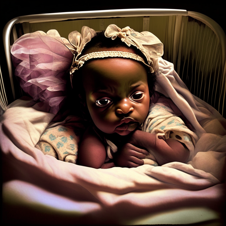 "Kamiyah Mobley 2 moth old, in hospital", in the crib, look at the camera
