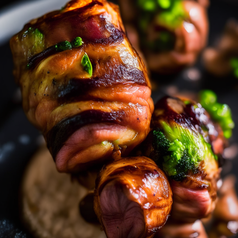 Bacon-Wrapped Pork Medallions with Air Fryer Roasted Brussels Sprouts, bright studio lighting, razor-sharp focus, close up shot, 35mm