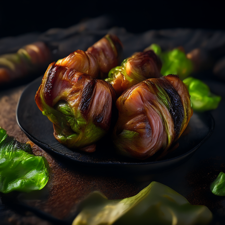 Bacon-Wrapped Pork Medallions with Air Fryer Roasted Brussels Sprouts, softbox lighting, extreme closeup, hyperrealistic texture, photorealistic, 8k resolution