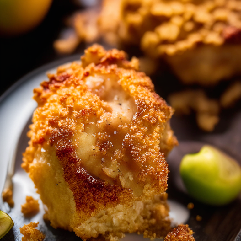 Air Fryer Crispy Parmesan Pork Cutlets with Oven-Baked Apple Crisp, bright studio lighting, razor-sharp focus, close up shot, 35mm, every part of the food in perfect focus