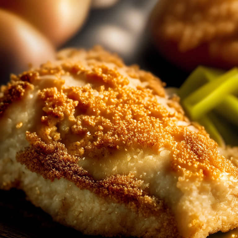 Air Fryer Crispy Parmesan Pork Cutlets with Oven-Baked Apple Crisp, softbox lighting, extreme closeup, hyperrealistic texture, photorealistic, 8k resolution, manually focused to have every part of the food in the sharpest detail