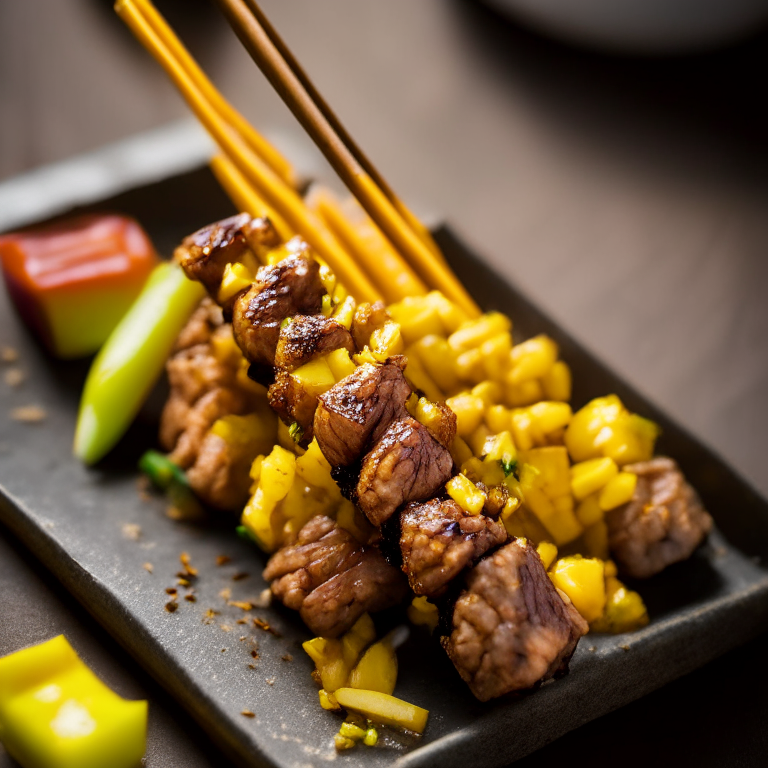 Air Fryer Beef Satay Skewers with Oven-Baked Thai Pineapple Fried Rice, natural window lighting, every detail in focus, close up, manually focused to ensure sharpness throughout the image