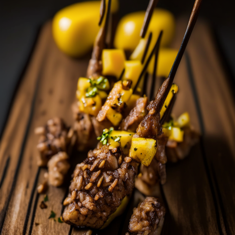 Air Fryer Beef Satay Skewers with Oven-Baked Thai Pineapple Fried Rice, studio lighting, razor-sharp focus, close up shot, 35mm, every part of the food in perfect focus, minimal distractions