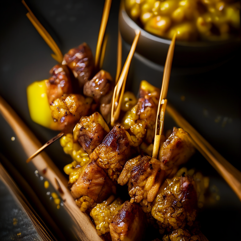 Air Fryer Beef Satay Skewers with Oven-Baked Thai Pineapple Fried Rice, softbox lighting, extreme closeup, hyperrealistic texture, photorealistic, 8k resolution, manually focused to have every part of the food in the sharpest detail