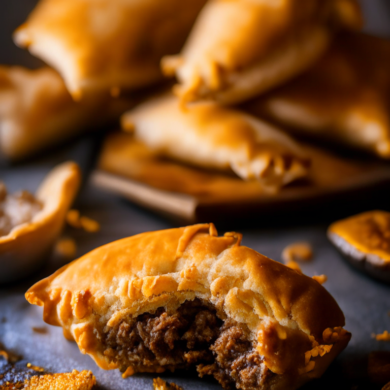 Oven-Baked Beef and Cheddar Hand Pies with Air Fryer Truffle Parmesan Fries, natural window lighting, every detail in focus, close up, manually focused to ensure sharpness throughout the image