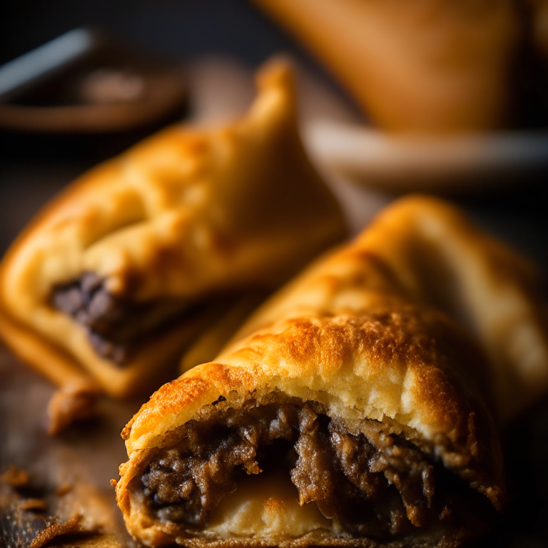 Oven-Baked Beef and Cheddar Hand Pies with Air Fryer Truffle Parmesan Fries, studio lighting, razor-sharp focus, close up shot, 35mm, every part of the food in perfect focus, minimal distractions