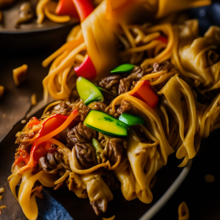 Air Fryer Beef Stir-Fry with Noodles and Oven-Baked Vegetable Egg Rolls, studio lighting, razor-sharp focus, close up shot, 35mm, every part of the food in perfect focus, minimal distractions