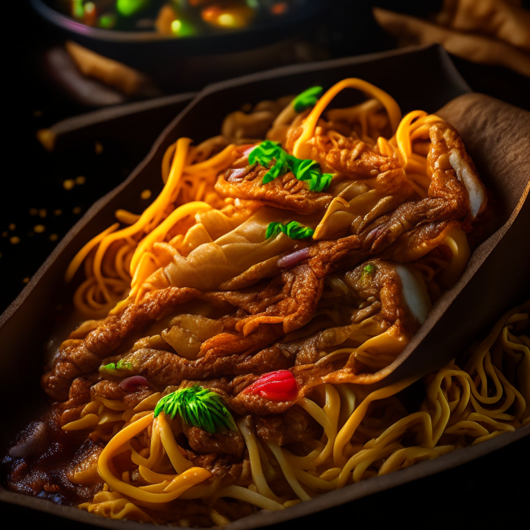 Air Fryer Beef Stir-Fry with Noodles and Oven-Baked Vegetable Egg Rolls, softbox lighting, extreme closeup, hyperrealistic texture, photorealistic, 8k resolution, manually focused to have every part of the food in the sharpest detail