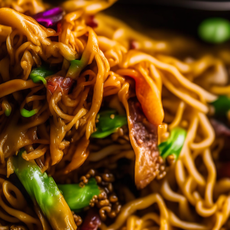 Air Fryer Beef Stir-Fry with Noodles and Oven-Baked Vegetable Egg Rolls, macro closeup, studio lighting, razor-sharp focus throughout the entire image, photorealistic texture, no part of the image is blurry or out of focus