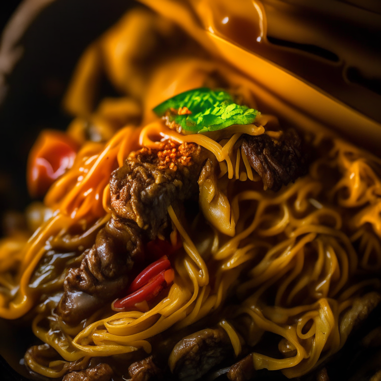 Air Fryer Beef Stir-Fry with Noodles and Oven-Baked Vegetable Egg Rolls, extreme closeup, softbox lighting, hyperrealistic texture, every part of the food in perfect focus, no distractions in the frame