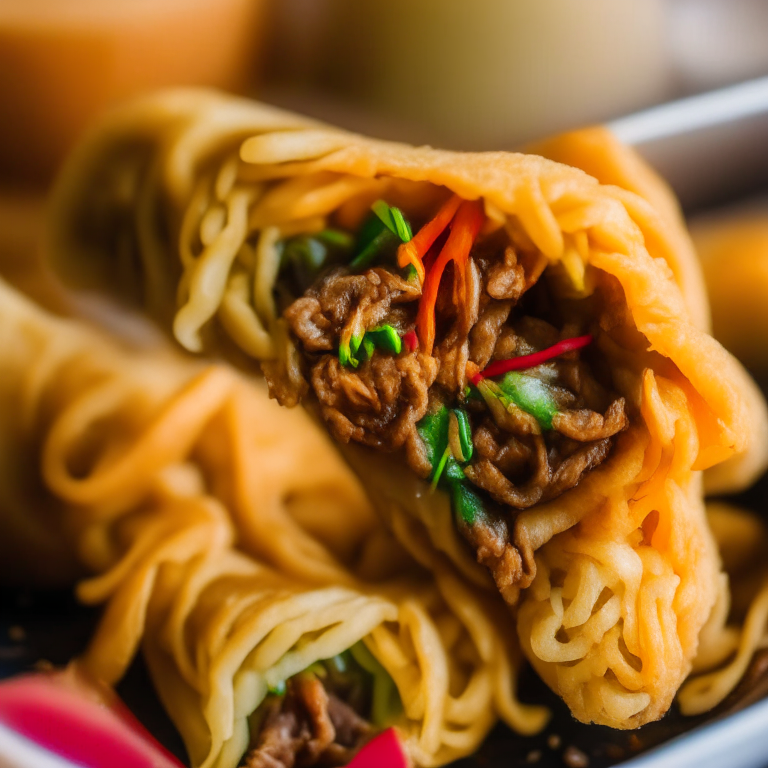 Air Fryer Beef Stir-Fry with Noodles and Oven-Baked Vegetable Egg Rolls, closeup shot, natural window lighting, manually focused to ensure the entire image has perfect clarity, no blurry or out of focus areas