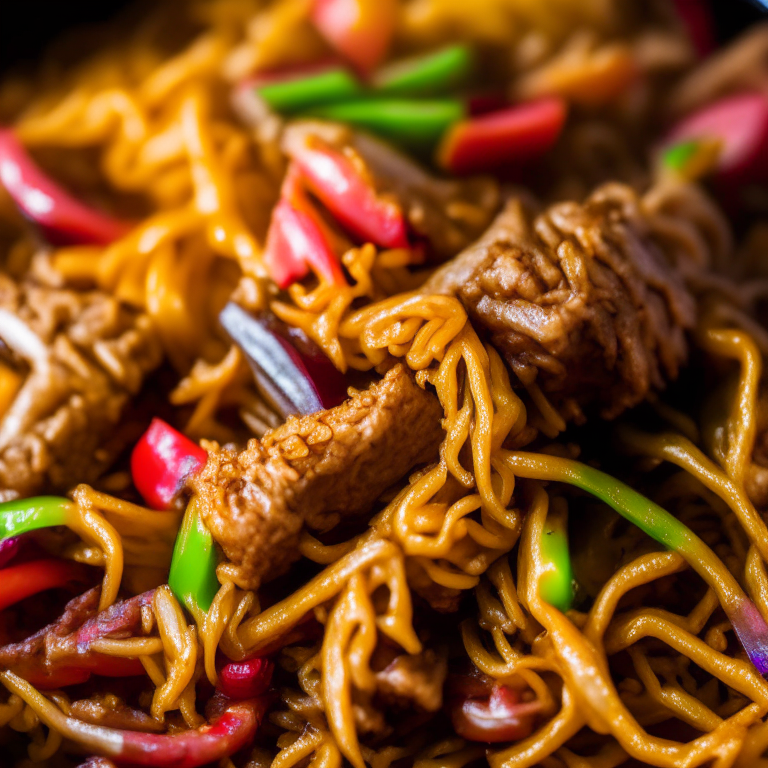 Air Fryer Beef Stir-Fry with Noodles, natural window lighting, macro closeup shot filling the frame, manually focused to have razor-sharp clarity throughout the entire dish