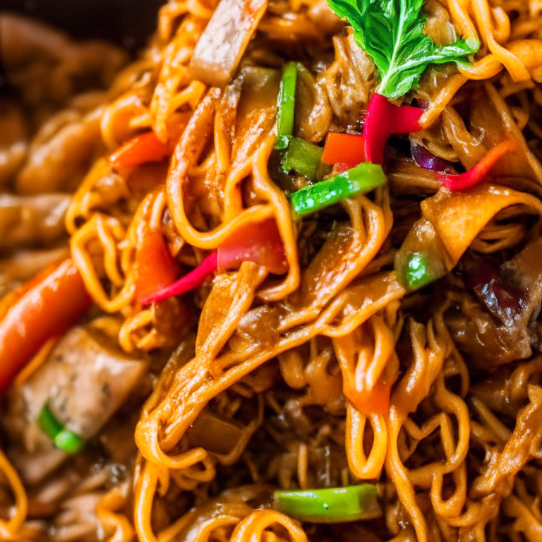 Air Fryer Beef Stir-Fry with Noodles, bright directional lighting, closeup shot filling most of the frame and minimizing distractions, manually focused to ensure that every part of the dish from the noodles to the beef is in perfect sharp detail