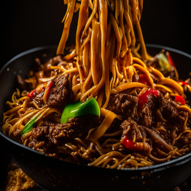 Air Fryer Beef Stir-Fry with Noodles, softbox studio lighting, extreme closeup shot filling the frame, manually focused so that every part of the food has perfect clarity and sharpness