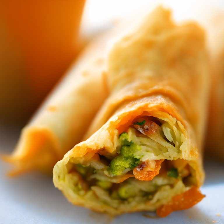 Oven-Baked Vegetable Egg Rolls, lit by natural window light, macro closeup shot filling the frame, manually focused to have razor-sharp clarity throughout the entire dish