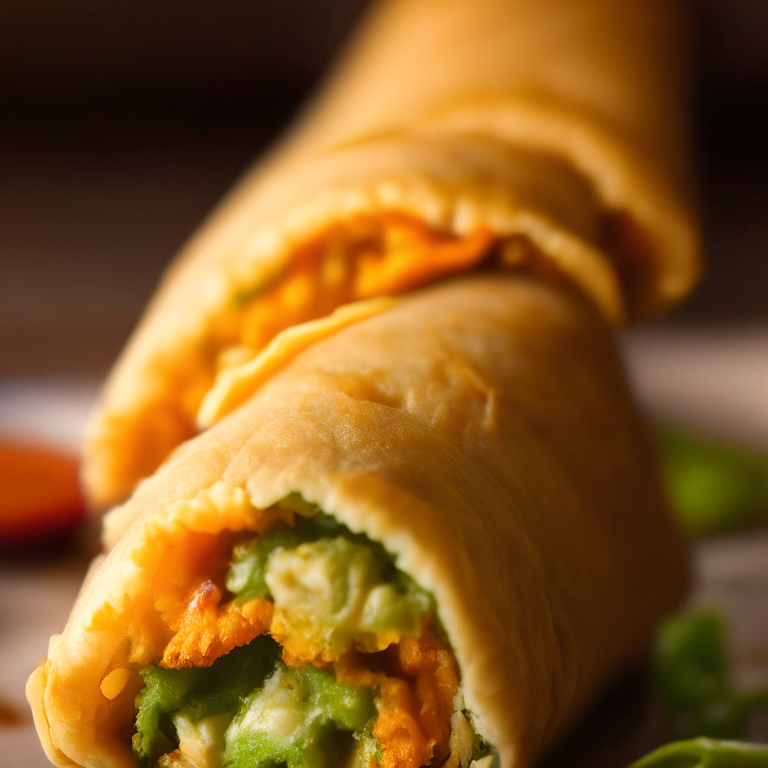 Oven-Baked Vegetable Egg Rolls, lit by bright directional lighting, closeup shot filling most of the frame and minimizing distractions, manually focused to ensure that every part of the egg rolls is in perfect sharp detail