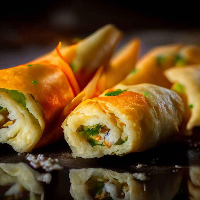 Oven-Baked Vegetable Egg Rolls, lit by softbox studio lights, extreme closeup shot filling the frame, manually focused so that every part of the egg rolls has perfect clarity and sharpness