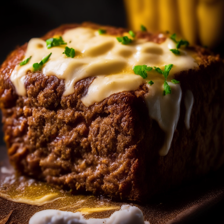 Oven-Baked Beef Meatloaf with Air Fryer Loaded Mashed Potatoes, lit by softbox studio lights, extreme closeup shot filling the frame, manually focused so that every part of the meatloaf and mashed potatoes has perfect clarity and sharpness