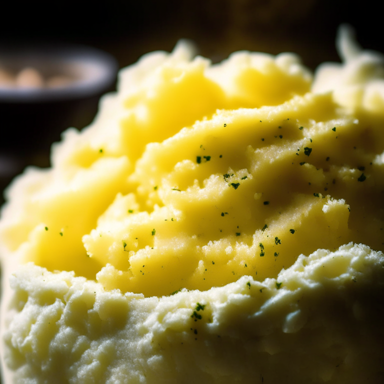 Air Fryer Loaded Mashed Potatoes, lit by softbox studio lights, extreme closeup shot filling the frame, manually focused so that every part of the mashed potatoes has perfect clarity and sharpness