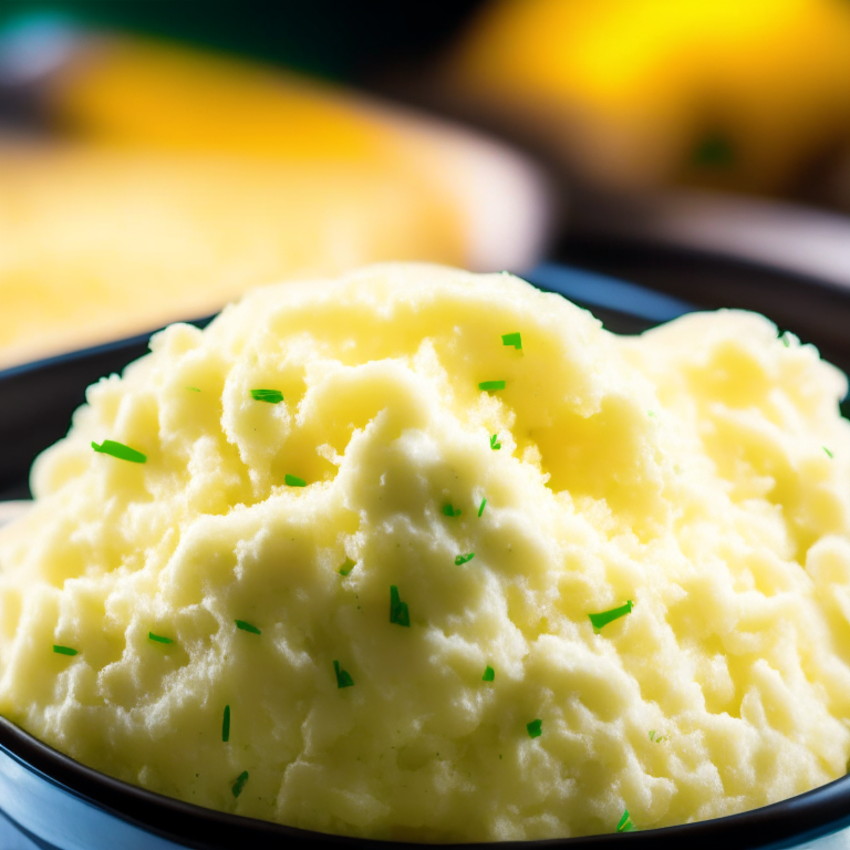 Air Fryer Loaded Mashed Potatoes, lit by bright directional lighting, closeup shot filling most of the frame and minimizing distractions, manually focused to ensure that every part of the mashed potatoes is in perfect sharp detail