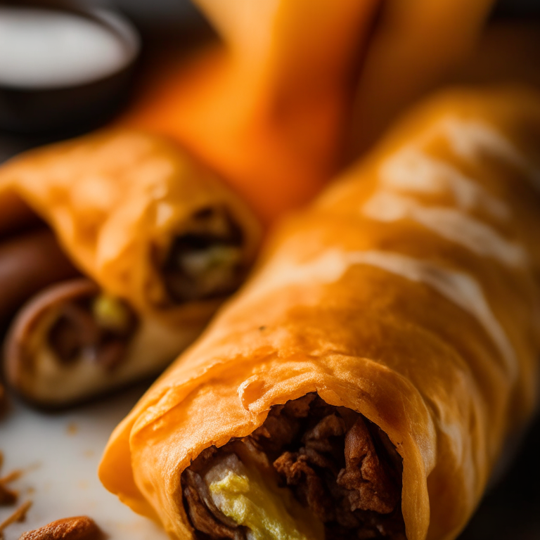 Air Fryer Philly Cheesesteak Egg Rolls and Oven-Baked Sweet Potato Wedges, lit by natural window light, macro closeup shot filling the frame, manually focused to have razor-sharp clarity throughout the entire dish