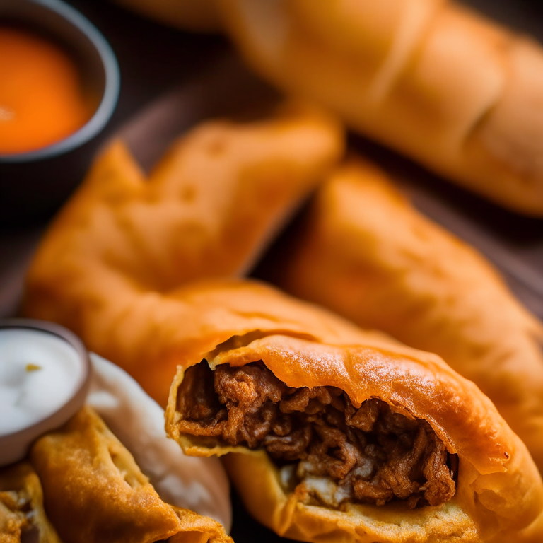 Air Fryer Philly Cheesesteak Egg Rolls and Oven-Baked Sweet Potato Wedges, lit by bright directional lighting, closeup shot filling most of the frame and minimizing distractions, manually focused to ensure that every part of the dish is in perfect sharp detail