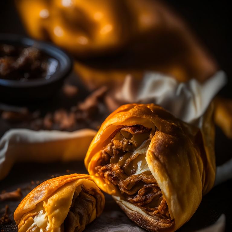 Air Fryer Philly Cheesesteak Egg Rolls and Oven-Baked Sweet Potato Wedges, lit by softbox studio lights, extreme closeup shot filling the frame, manually focused so that every part of the dish has perfect clarity and sharpness