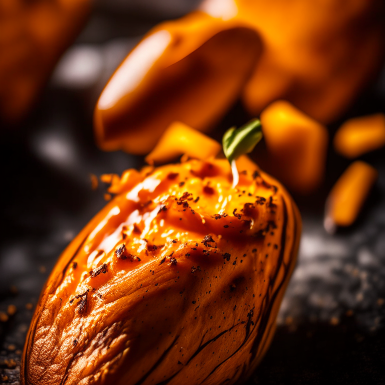 Oven-Baked Sweet Potato Wedges, lit by softbox studio lights, extreme closeup shot filling the frame, manually focused so that every part of the dish has perfect clarity and sharpness