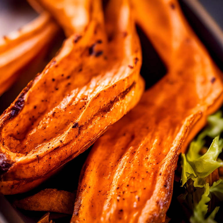 Oven-Baked Sweet Potato Wedges, lit by bright directional lighting, closeup shot filling most of the frame and minimizing distractions, manually focused to ensure that every part of the dish is in perfect sharp detail