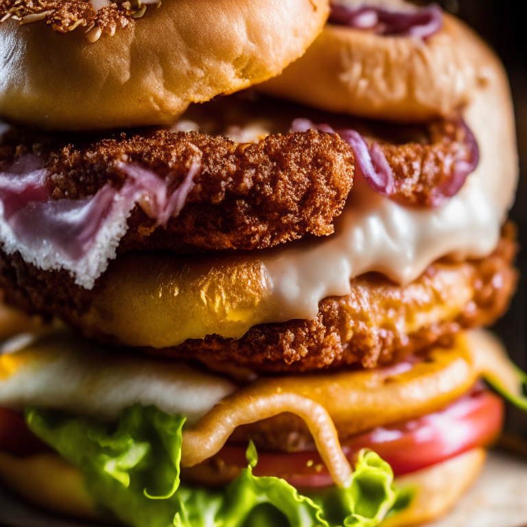 Cheese-Stuffed Bacon-Wrapped Burgers with Air Fryer Onion Rings, lit by natural window light, macro closeup shot filling the frame, manually focused to have razor-sharp clarity throughout the entire dish