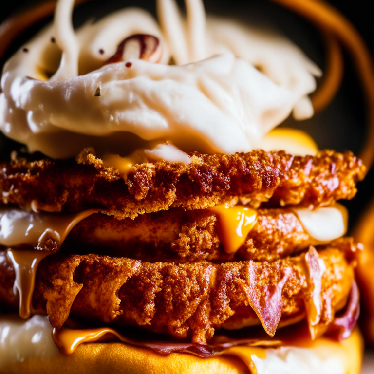 Cheese-Stuffed Bacon-Wrapped Burgers with Air Fryer Onion Rings, lit by bright directional lighting, closeup shot filling most of the frame and minimizing distractions, manually focused to ensure that every part of the dish is in perfect sharp detail