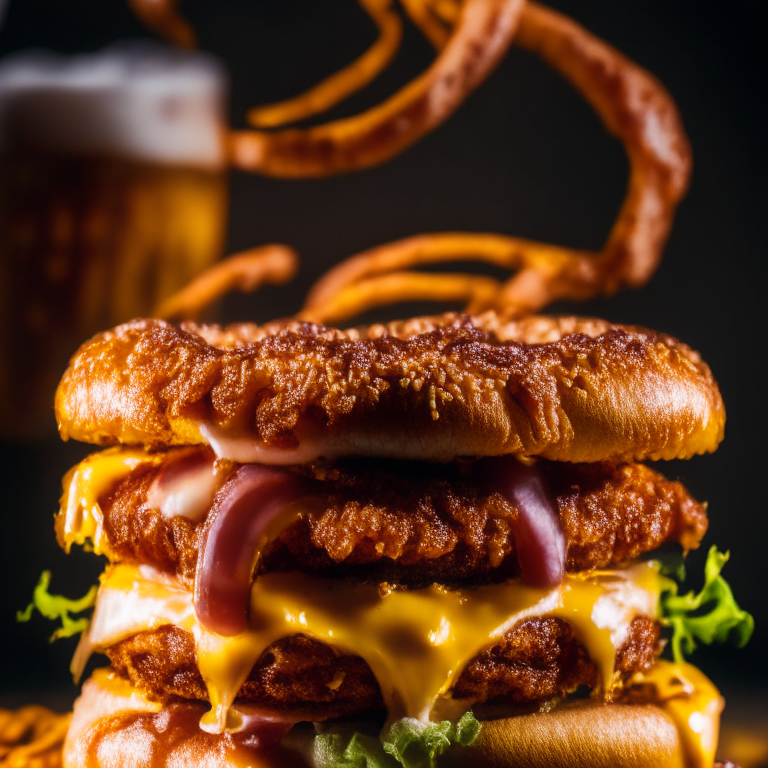 Cheese-Stuffed Bacon-Wrapped Burgers with Air Fryer Onion Rings, lit by softbox studio lights, extreme closeup shot filling the frame, manually focused so that every part of the dish has perfect clarity and sharpness