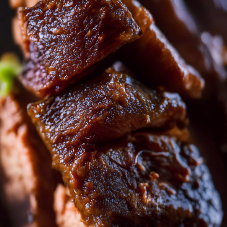 Air Fryer Asian Style Beef Short Ribs, lit by natural window light, macro closeup shot filling the frame, manually focused to have razor-sharp clarity throughout the entire dish