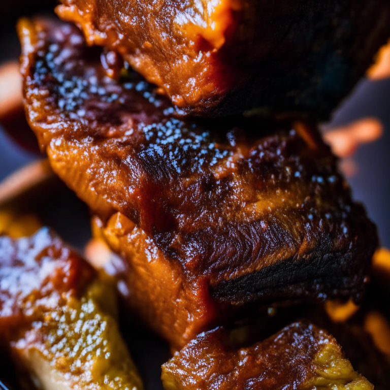 Air Fryer Asian Style Beef Short Ribs, lit by bright directional lighting, closeup shot filling most of the frame and minimizing distractions, manually focused to ensure that every part of the dish is in perfect sharp detail