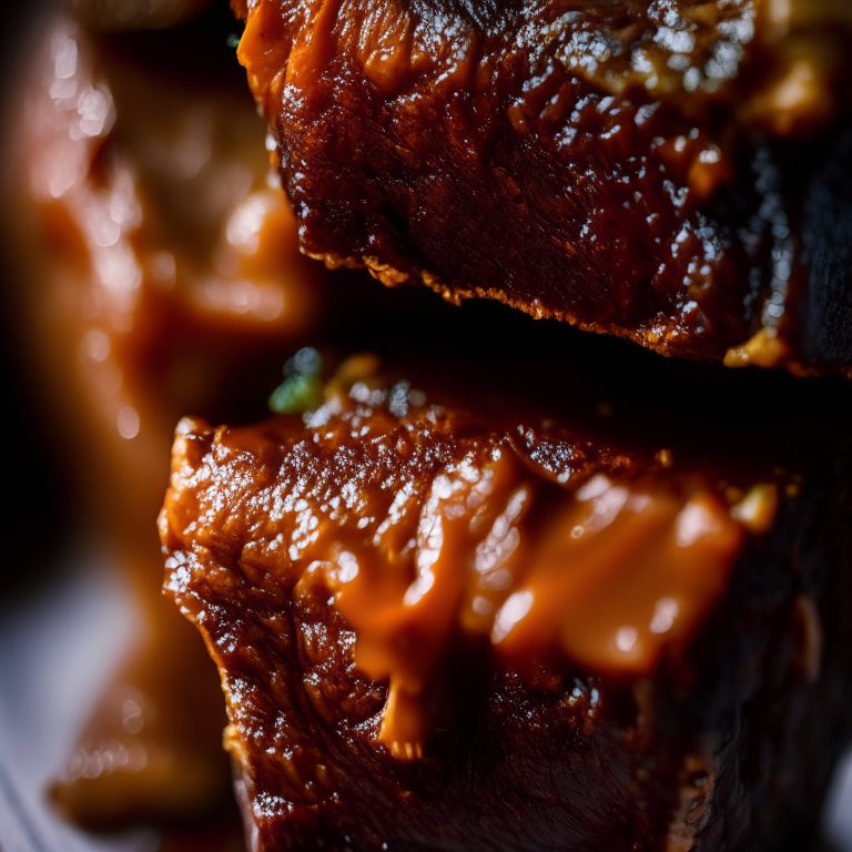 Air Fryer Asian Style Beef Short Ribs, lit by softbox studio lights, extreme closeup shot filling the frame, manually focused so that every part of the dish has perfect clarity and sharpness