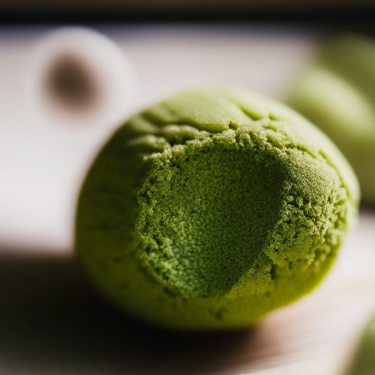 Oven-Baked Matcha Green Tea Mochi lit by natural window light, macro closeup shot filling the frame, manually focused to have razor-sharp clarity throughout the entire dish