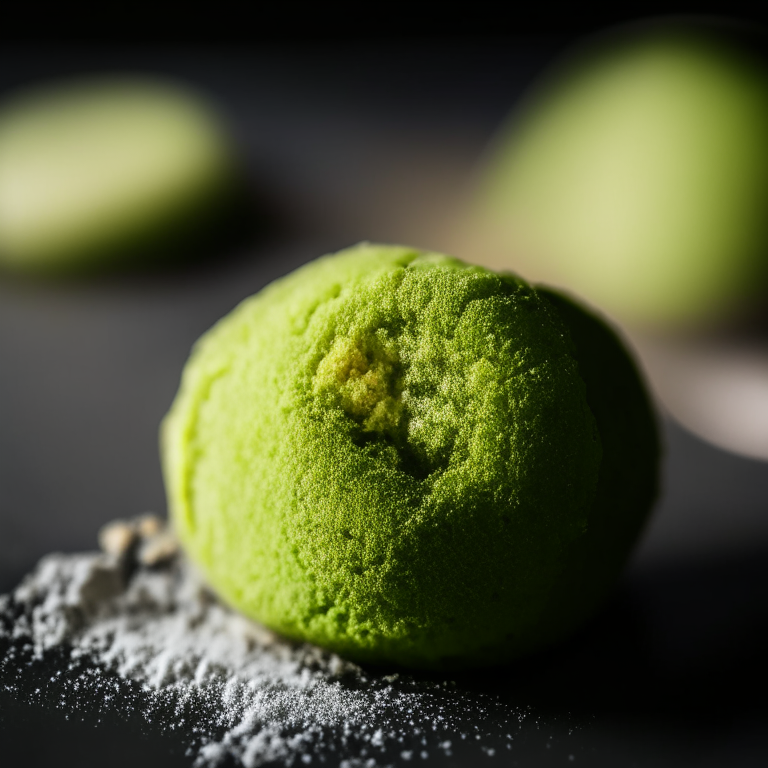 Oven-Baked Matcha Green Tea Mochi lit by bright directional lighting, closeup shot filling most of the frame and minimizing distractions, manually focused to ensure that every part of the dish is in perfect sharp detail