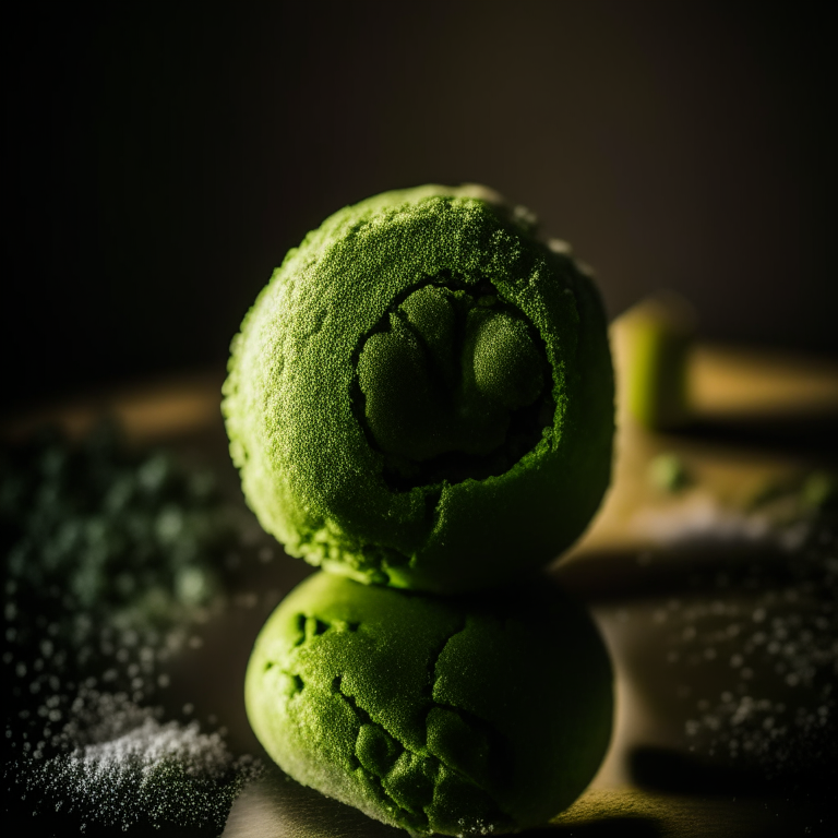 Oven-Baked Matcha Green Tea Mochi lit by softbox studio lights, extreme closeup shot filling the frame, manually focused so that every part of the dish has perfect clarity and sharpness